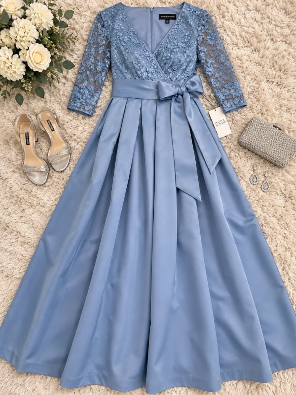 Jessica Howard 16 Dusty Blue Lace Satin V-Neck Long Formal Gown NWT